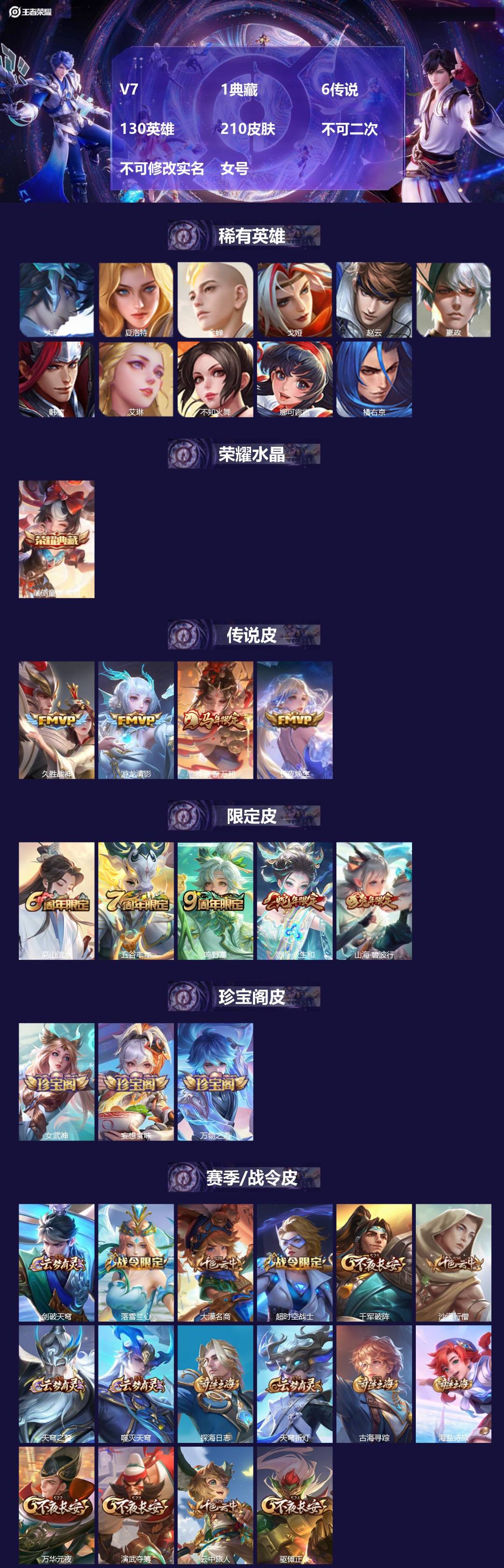 王者荣耀账号安卓QQV7 1典藏 6传说 130英雄 210皮肤 不可二次 不可修改实名 女号 
【英雄全皮】心魔六耳全