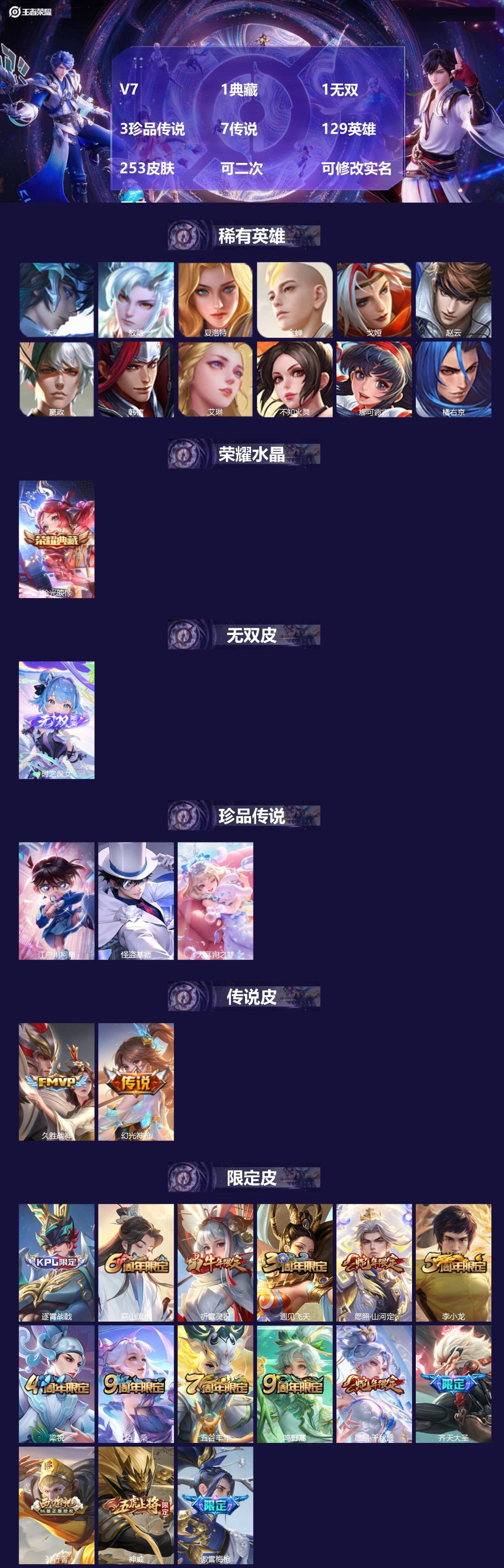 王者荣耀账号安卓QQ[28340664]V7 1典藏 1无双 3珍品传说 7传说 129英雄 253皮肤 可二次 可修改