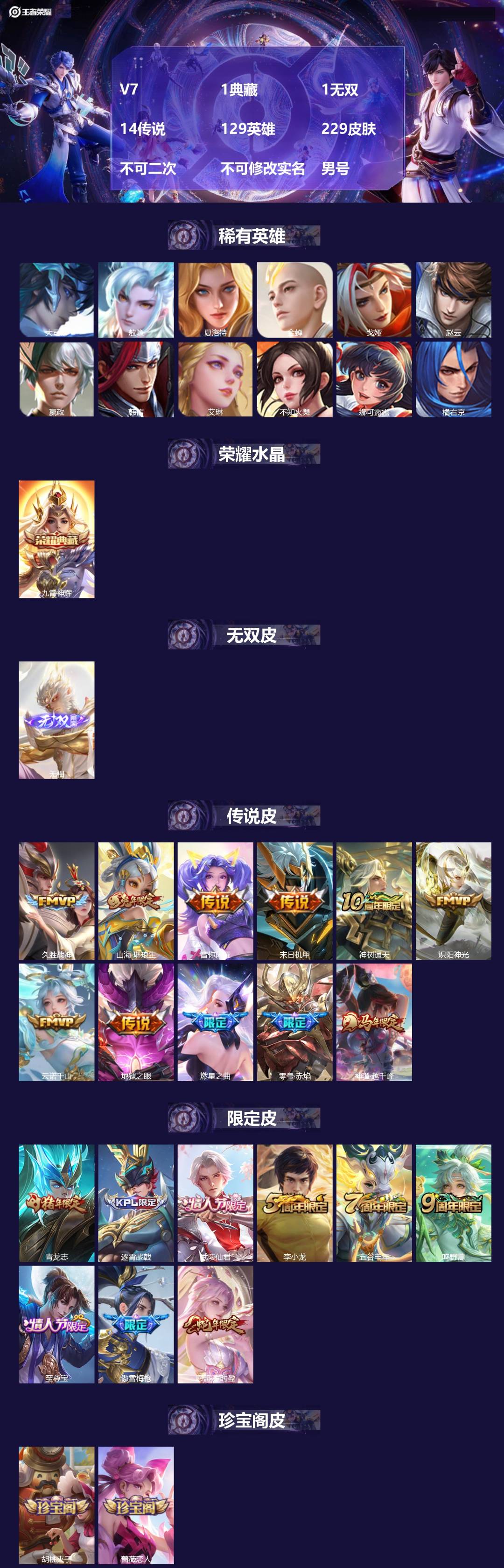 王者荣耀账号安卓QQ[28355280]V7 1典藏 1无双 14传说 129英雄 229皮肤 不可二次 不可修改实名 