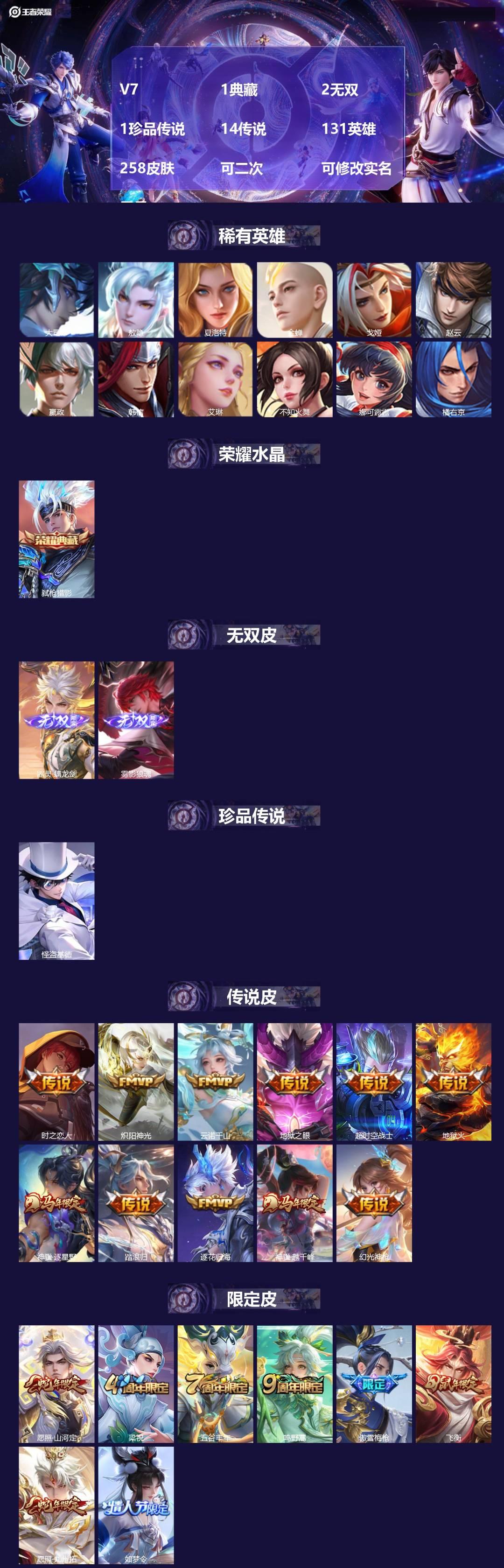 王者荣耀账号安卓QQ[28364950]V7 1典藏 2无双 1珍品传说 14传说 131英雄 258皮肤 可二次 可修