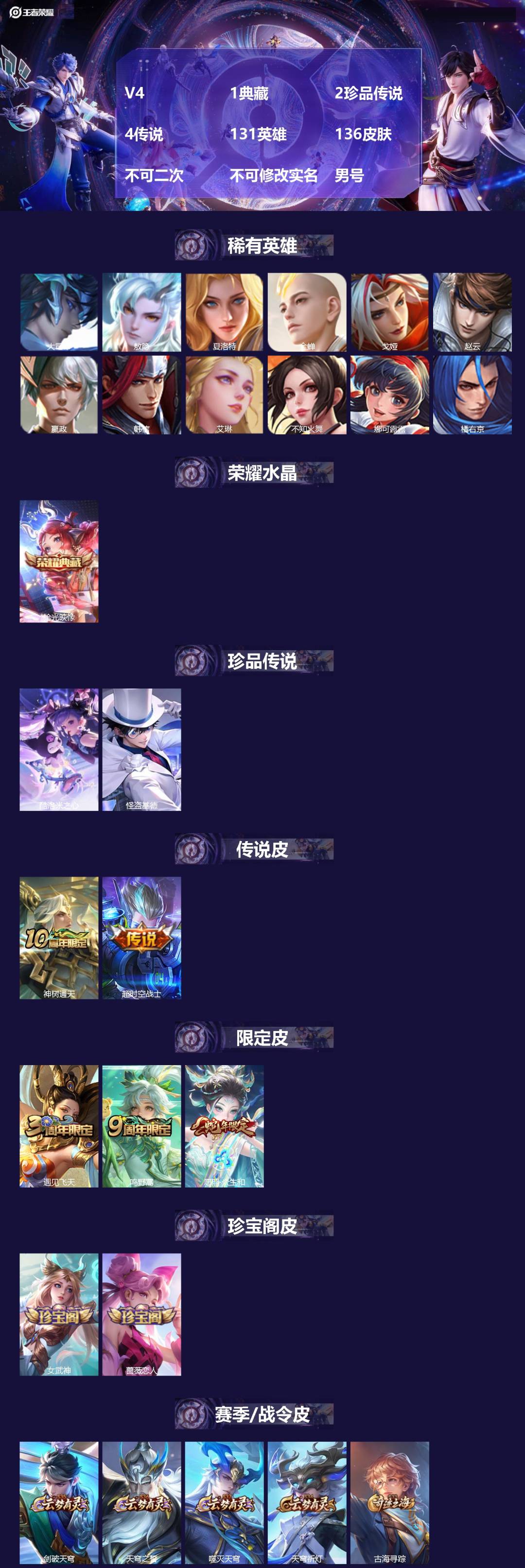 王者荣耀账号安卓QQV4 1典藏 2珍品传说 4传说 131英雄 136皮肤 不可二次 不可修改实名 男号 
【英雄全皮