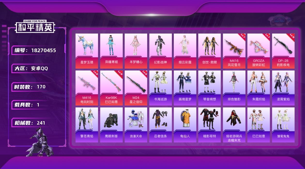 和平精英账号安卓QQ[18270455]安卓 手Q-5粉装-9特效枪-1载具-3粉色飞行器-69040热力值-12王牌印记-170套装-241枪皮
【热门品类】：套装-浪漫天命，套装-忍者信条，套装-龟仙人，套装-暗影哥