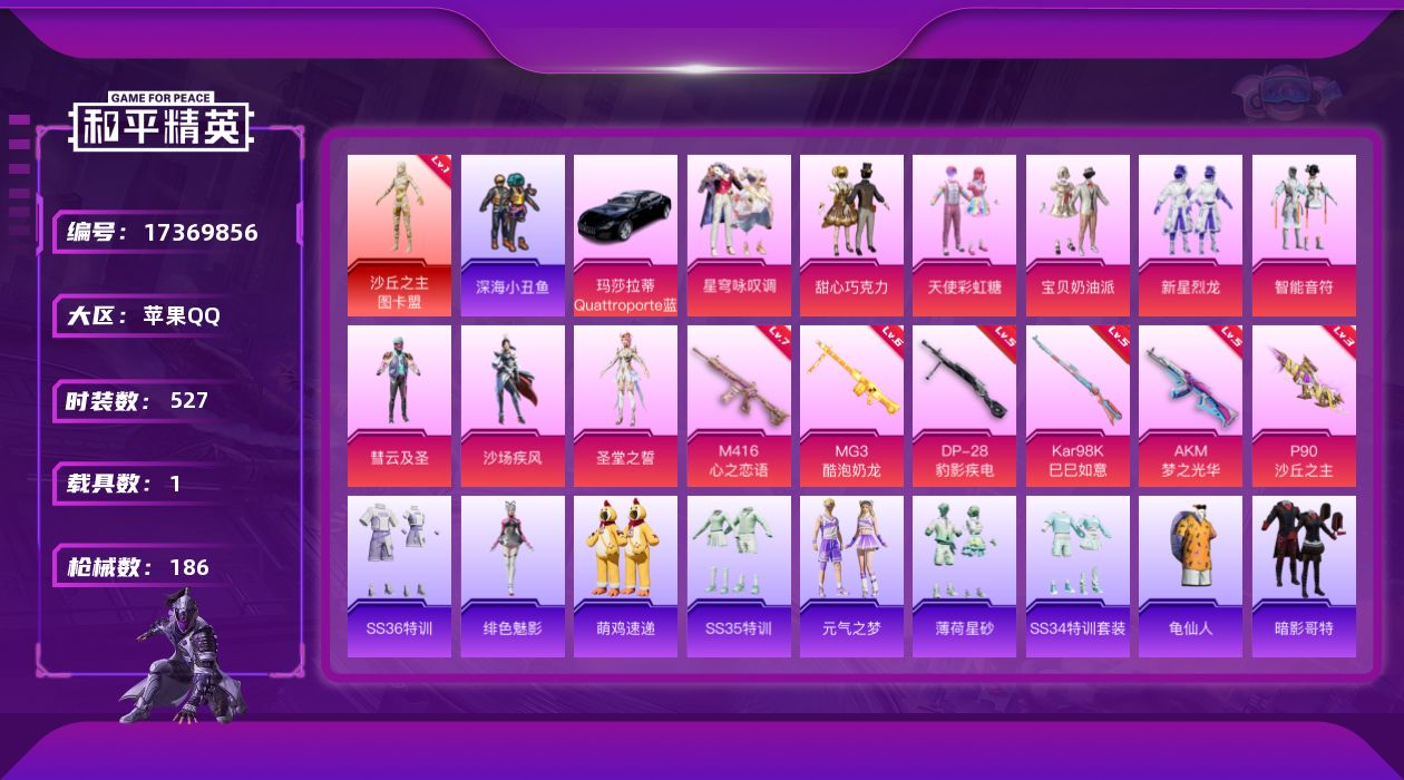 和平精英账号苹果QQ1载具-140套装-186枪皮-图卡盟 三姐妹 1红装1载具9粉装6特效枪10热门140套装186枪