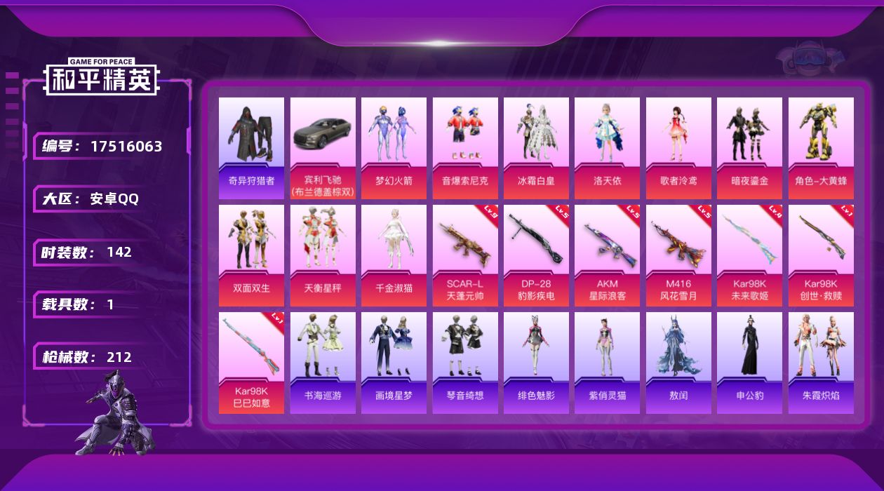 和平精英账号安卓QQ[17516063]安卓 手Q-10粉装-8特效枪-1载具-3粉色飞行器-66206热力值-10王牌印记-142套装-212枪皮
【热门品类】：粉装-梦幻火箭，粉装-音爆索尼克，套装-浪漫天命，套装-