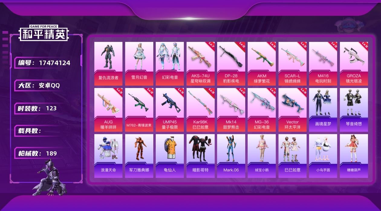 和平精英账号安卓QQ[17474124]安卓 手Q-3粉装-14特效枪-0载具-3粉色飞行器-54930热力值-7王牌印记-123套装-189枪皮
【热门品类】：套装-浪漫天命，角色-军刀雅典娜，套装-龟仙人，套装-暗影