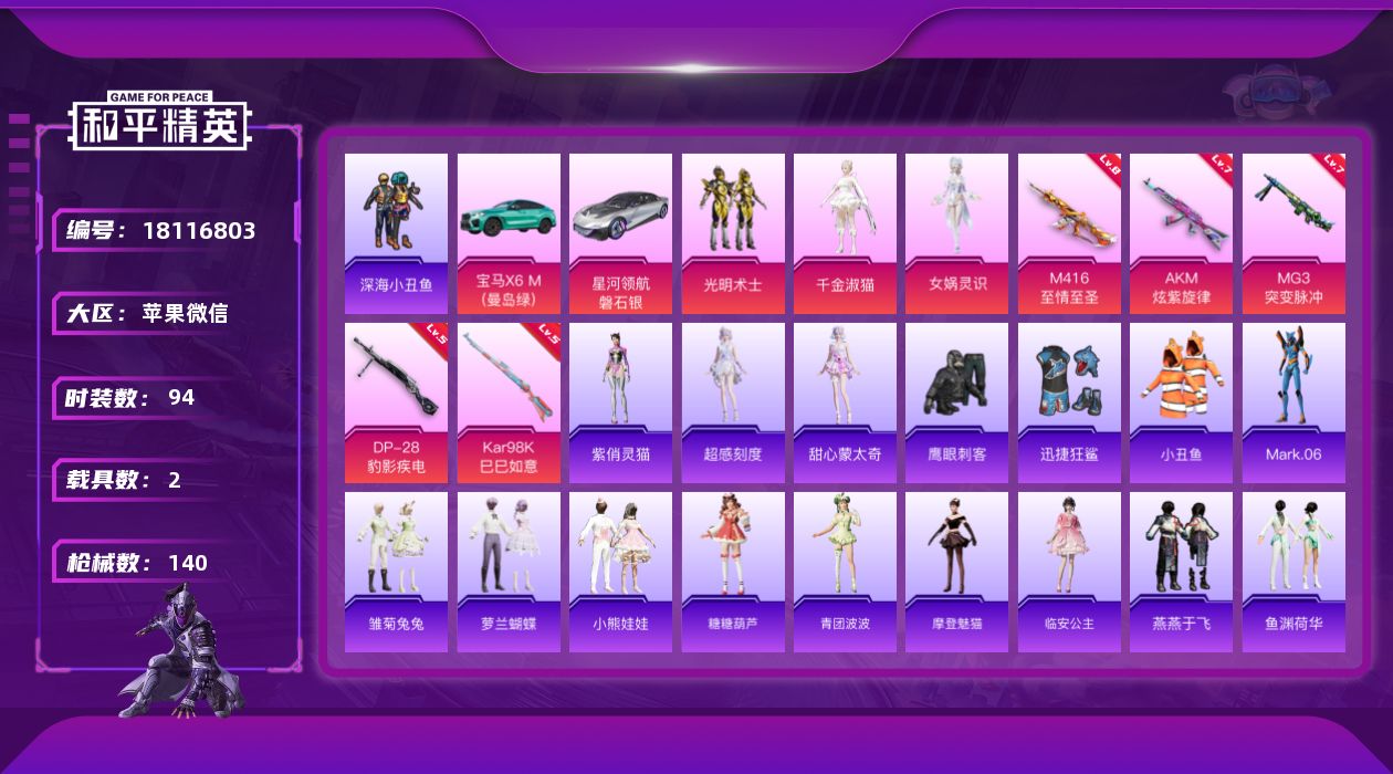 和平精英账号苹果微信[18116803]【特价出售/店主推荐】苹果 微信-3粉装-6特效枪-2载具-1粉色飞行器-46182热力值-10王牌印记-94套装-140枪皮
【热门品类】：套装-深海小丑鱼，套装-小丑鱼，角色-