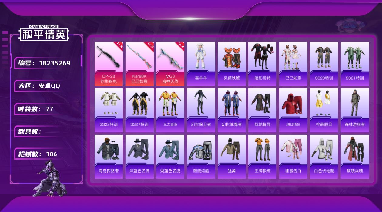 和平精英账号安卓QQ[18235269]安卓 手Q-0粉装-5特效枪-0载具-2粉色飞行器-28300热力值-3王牌印记-77套装-106枪皮
【热门品类】：套装-暗影哥特
【粉色枪皮等级】：ACE32-萌骑漫游(三级)