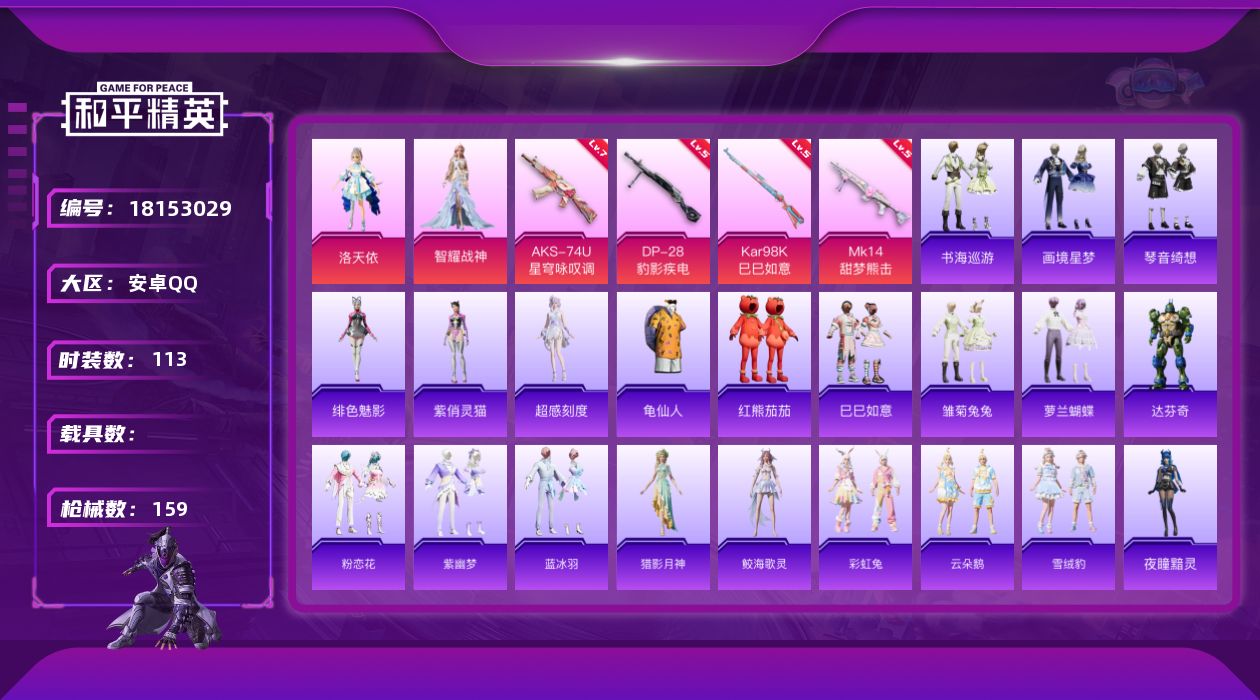 和平精英账号安卓QQ[18153029]可二次【特价出售/店主推荐】安卓 手Q-2粉装-6特效枪-3粉色飞行器-44994热力值-8王牌印记-113套装-159枪皮【热门品类】：套装-龟仙人，套装-红熊茄茄【粉色套装】：