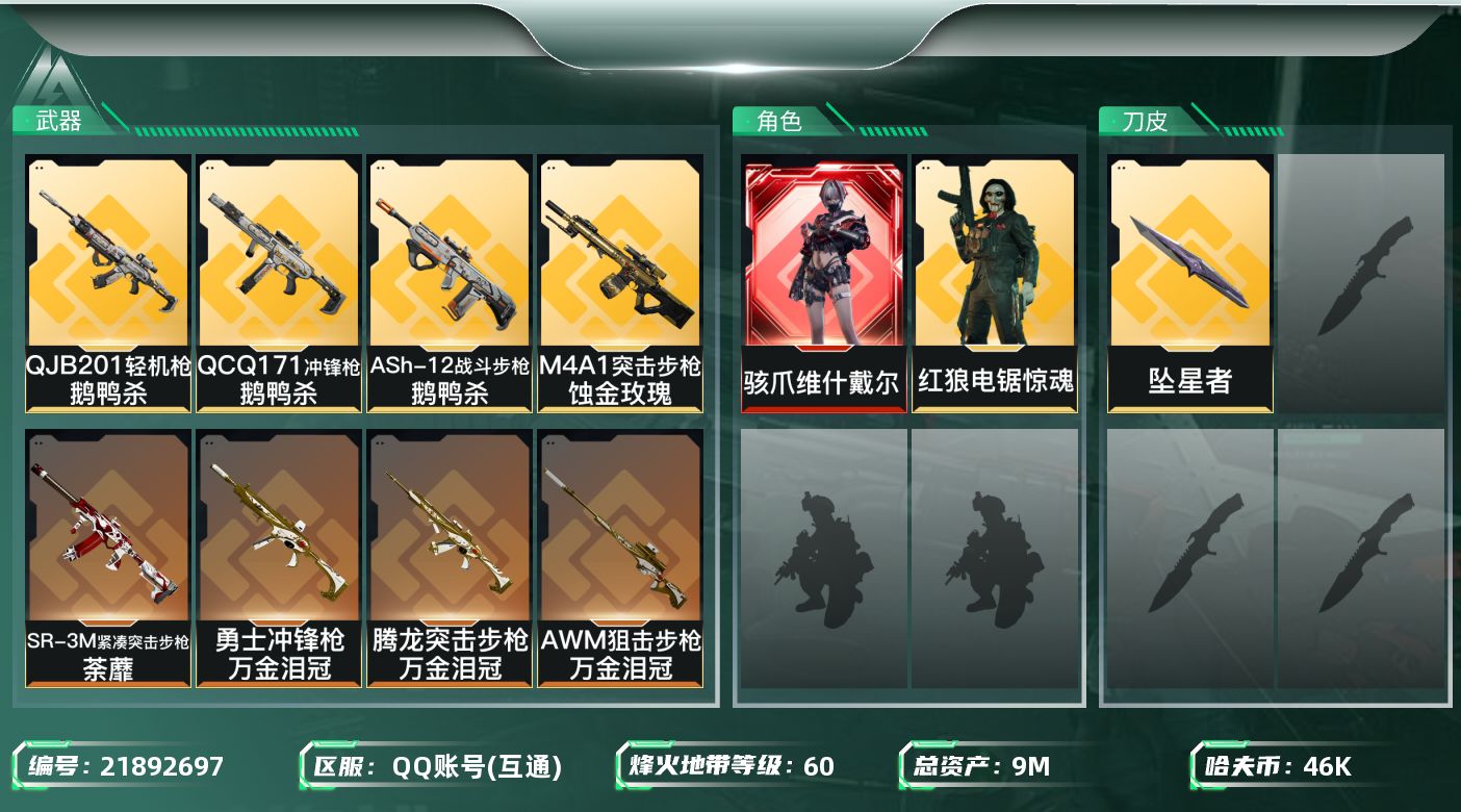三角洲行动账号QQ【SJZEHC1428】EHC50174
维什戴尔/坠星者
9m总资产-46k哈夫币-60烽火等级-