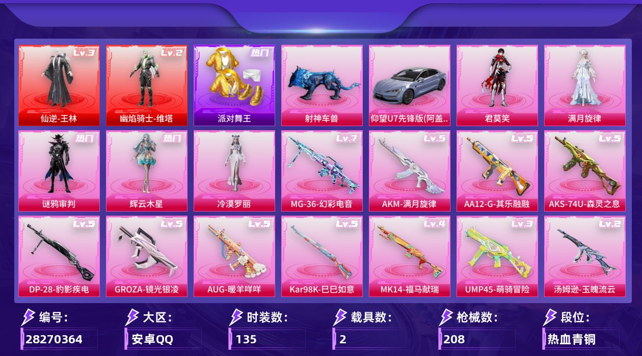 [28270364]安卓手Q-历史最高段位：超级王牌11星-2神装-5粉装-11特效枪-2载具-6粉色飞行器-67968热力值-6王牌印记-135套装-208枪皮
【红色神装等级】：仙逆-王林(三级)，幽焰骑士-维塔(二级)
【红色角色神装】：仙逆-王林，幽焰骑士-维塔
【热门品类】：套装-派对舞王
【粉色套装】：角色-满月旋律，角色-冷漠罗丽，角色-辉云木星，角色-谜鸦审判，角色-君莫笑
【粉色枪皮等级】：GROZA-镜光银凌(五级)，AUG-暖羊咩咩(五级)，AUG-全息游灵(五级AKM-满月旋律)，UMP45-萌骑冒险(三级)，汤姆逊-玉魄流云(二级)，AKS-74U-森灵之息(五级)，Kar98K-巳巳如意(五级)，Mk14-福马献瑞(四级)，AA12-G-其乐融融(五级)，DP-28-豹影疾电(五级)，MG-36-幻彩电音(七级)
【粉色载具】：仰望U7（阿盖尔紫），射神车兽
【粉色枪皮】：AKM-满月旋律，GROZA-镜光银凌，AUG-暖羊咩咩，UMP45-萌骑冒险，汤姆逊-玉魄流云，AKS-74U-森灵之息，Kar98K-巳巳如意，Mk14-福马献瑞，AA12-G-其乐融融，DP-28-豹影疾电，MG-36-幻彩电音
【粉色飞行器】：炫彩糖果飞行器，满月旋律飞行器，幽焰列车飞行器，圣域金龙飞行器，幻骨萌王飞行器，星罗盘飞行器
【粉色降落伞】：满月旋律降落伞，幻影战神降落伞，幽焰骑士降落伞，赛博古神降落伞，樱桃泡泡降落伞，冷漠罗丽降落伞，辉云木星降落伞，谜鸦审判降落伞，虎痴许褚降落伞，千仞雪降落伞，幻骨萌王降落伞，仙逆降落伞，吾皇猫降落伞，陈平安降落伞
【稀有套装】：套装-彩虹骑师，角色-奈斯，角色-罗莉，套装-马上有钱，套装-迅捷龙虾，角色-梨子酱联名款，套装-云宝联名款，套装-其乐融融，套装-恋语绒绒，套装-银辉夜曲，套装-流萤和鸣，角色-叶修，角色-逐烟霞，套装-绝刃双刀，套装-破界重生，套装-糖糖葫芦，套装-青团波波，套装-棉花软糖，角色-都市丽猫，角色-许七安，套装-燕燕于飞，套装-鱼渊荷华，角色-蜜桃派对，套装-紫幽梦，套装-蓝冰羽，套装-彩虹兔，套装-云朵鹅，套装-雪绒豹，角色-紫俏灵猫，套装-雨过天青，套装-红釉青花，角色-缚爪幽影，角色-幻步猫灵，角色-唐三，套装-盒理艺术，套装-锦灰蝶梦，套装-燕雀桃枝，角色-莹鸢雪晶，套装-樱桃速写，套装-甜橙彩绘，