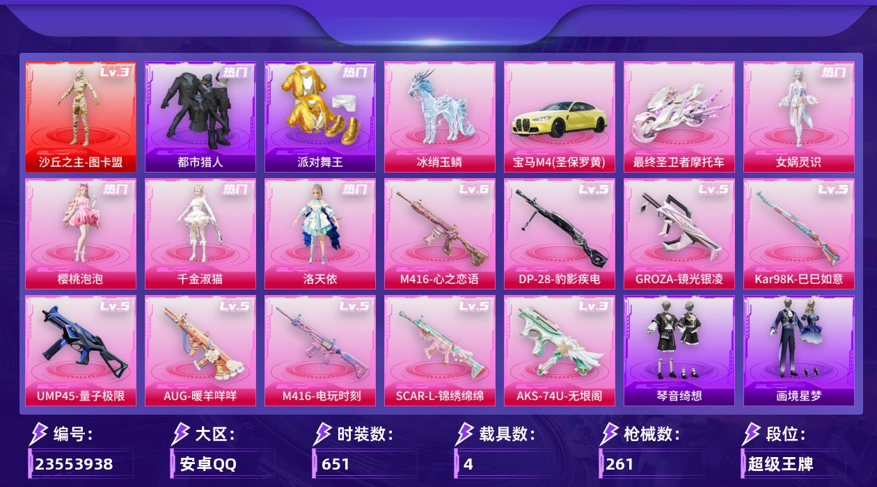 和平精英账号安卓QQ4载具-177套装-261枪皮-图卡盟 都市 金鞋 天命-1红装4稀有4载具5粉装15特效枪【1红装
