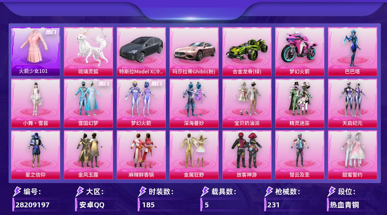 [28209197]安卓手Q-历史最高段位：绝世王牌19星-24粉装-14特效枪-5载具-11粉色飞行器-96445热力值-4王牌印记-185套装-231枪皮
【热门品类】：粉装-雪国幻梦，粉装-梦幻火箭，套装-火箭少女101，套装-小丑鱼，套装-AG战队服，套装-潮萌小黄鸭，套装-暗影哥特，套装-浪漫波比
【粉色套装】：粉装-深海曼妙，粉装-宝贝奶油派，粉装-雪国幻梦，粉装-精灵迷巫，粉装-梦幻火箭，粉装-天启纪元，粉装-星之信仰，粉装-金风玉露，粉装-麻辣鲜香锅，粉装-金属狂野，粉装-放客神游，粉装-彗云及圣，粉装-甜蜜誓约，粉装-心之恋语，粉装-扶摇飞仙，粉装-幻彩马卡龙，粉装-花间之火，粉装-锦绣火鲤，粉装-迷蝶贵族，粉装-星点战士，粉装-草莓生巧，角色-荧海星豚，人物-小舞·雪昙，角色-巴巴塔
【粉色枪皮等级】：AKM-炫紫旋律(五级)，SCAR-L-梦幻火箭(七级)，M416-心之恋语(七级)，M762-甜蜜誓约(五级)，蜜獾-荧海星豚(一级)，ARX-神木藏锋(五级)，汤姆逊-玉魄流云(二级)，AKS-74U-琉璃赤心(五级)，AWM-花间之火(五级)，Mk14-福马献瑞(三级)，AA12-G-其乐融融(五级)，DP-28-扶摇飞仙(四级)
【粉色载具】：特斯拉Model X（冷光银），玛莎拉蒂Ghibli（粉），合金龙骨（绿），双人摩托-梦幻火箭，空客H135-恋语之翼，琉璃灵狐
【粉色枪皮】：AKM-炫紫旋律，SCAR-L-梦幻火箭，M416-心之恋语，M762-甜蜜誓约，蜜獾-荧海星豚，ARX-神木藏锋，汤姆逊-玉魄流云，AKS-74U-琉璃赤心，AWM-花间之火，Mk14-福马献瑞，AA12-G-其乐融融，DP-28-扶摇飞仙，烟雾弹-猫咪绅士，破片手榴弹-粉粉猫爪
【粉色飞行器】：深海曼妙飞行器，春暖花开飞行器，梦幻火箭飞行器，神秘黑猫飞行器，甜蜜誓约飞行器，花间之火飞行器，夏日绵绵冰飞行器，齐天大圣飞行器，彩虹独角兽飞行器，百变魔方飞行器，幻光九尾飞行器
【粉色降落伞】：深海曼妙降落伞，破风疾驰降落伞，甜心宝贝降落伞，雪国幻梦降落伞，春暖花开降落伞，精灵迷巫降落伞，梦幻火箭降落伞，星之信仰降落伞，金风玉露降落伞，龙虾霸霸降落伞，PEL轰鸣竞梦者降落伞，神秘黑猫降落伞，古堡领主降落伞，繁花小夜曲降落伞，甜蜜誓约降落伞，扶摇飞仙降落伞，马卡龙降落伞，花间之火降落