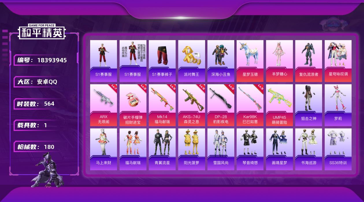 和平精英账号安卓QQ3粉装 7特效枪 1载具 9印记 可二次 可修改实名 
【热门装扮】星穹咏叹调,S1赛事套装,S1赛