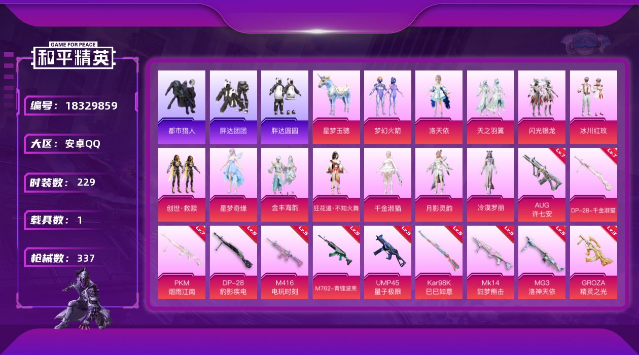 和平精英账号安卓QQ[18329859]安卓 手Q-13粉装-13特效枪-1载具-9粉色飞行器-105449热力值-17王牌印记-229套装-337枪皮
【热门品类】：粉装-梦幻火箭，套装-浪漫天命，套装-都市猎人，套装