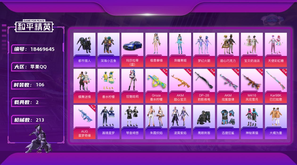 和平精英账号苹果QQ[18469645]可二次【特价出售/店主推荐】苹果 手Q-1神装-9粉装-9特效枪-2载具-2粉色飞行器-68104热力值-14王牌印记-106套装-213枪皮【红色神装等级】：暮色玫影-艾丽娅(二