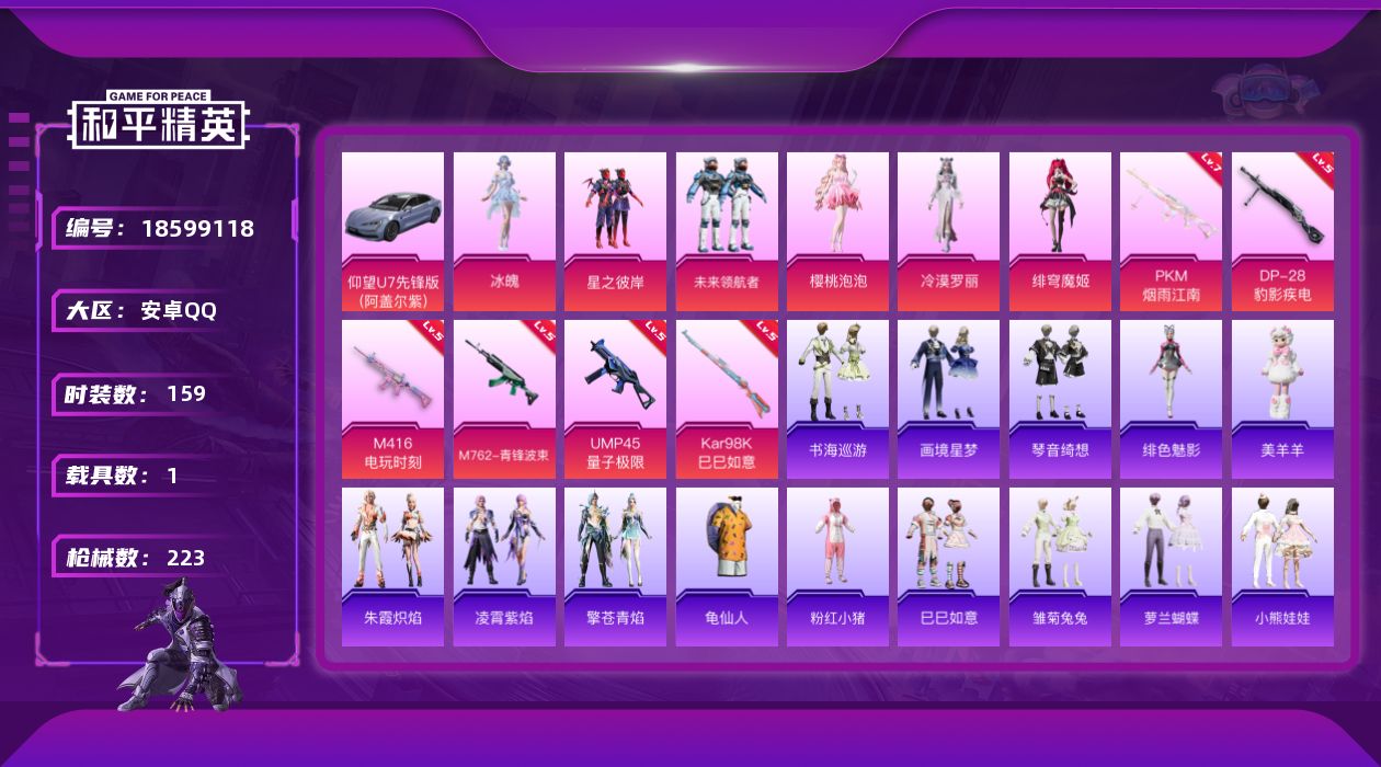 和平精英账号安卓QQ[18599118]159套装/枪械6/装备253/载具1/战备151/王牌印记15/热力值68112/五级M416-电玩时刻/五级M762-青锋波束/五级UMP45-量子极限/五级Kar98K-巳巳