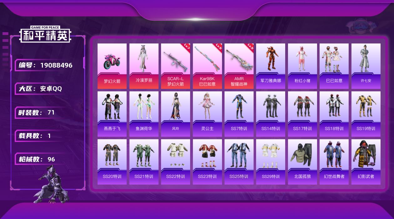 和平精英账号安卓QQ[19088496]【817】安卓 手Q-1粉装-3特效枪-1载具-0粉色飞行器-31534热力值-8王牌印记-71套装-96枪皮
【热门品类】：角色-军刀雅典娜，套装-粉红小猪
【粉色套装】：角色-