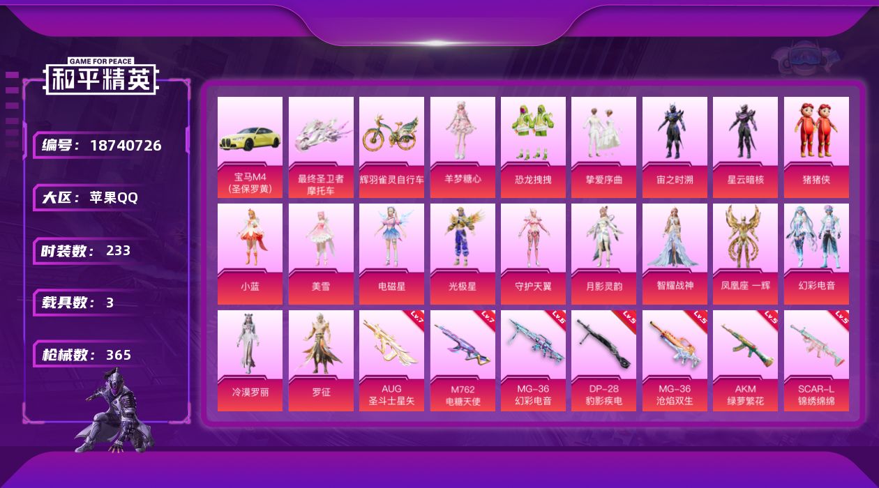 和平精英账号苹果QQ[18740726]DAS12064  苹果Q-可二次 3载具20粉装19特效枪6热门233套装365枪皮 满级M762-电糖天使 (7级)  MG3-辉羽雀灵 (3级) Vector-最终圣卫者 (
