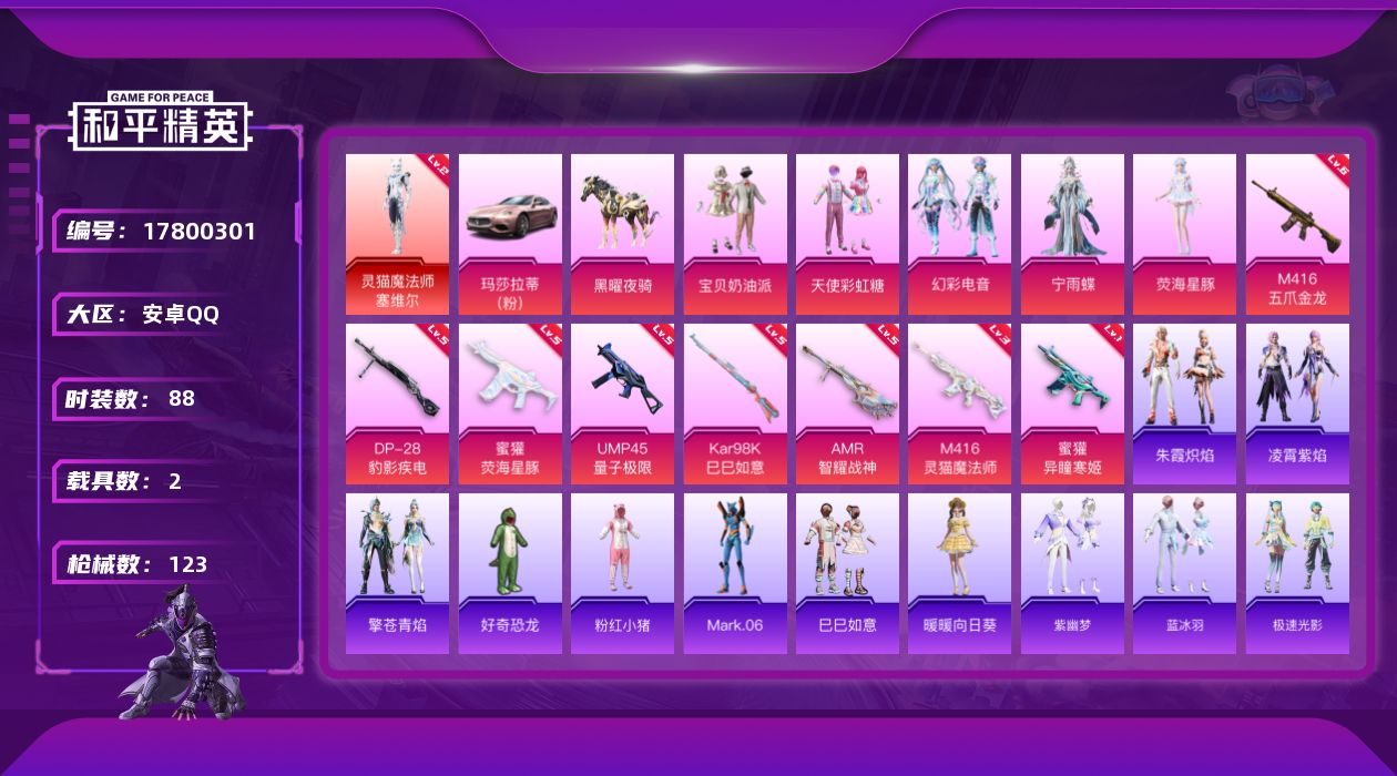 和平精英账号安卓QQ[17800301]时装数: 331 载具数: 2 枪械数: 123 战备数: 91 神级装扮: 灵