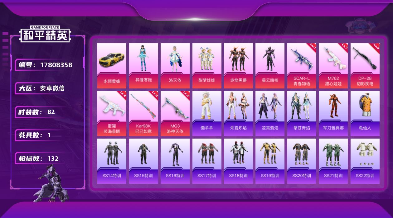 和平精英账号安卓微信[17808358]【店主推荐捡漏号！可直接换绑】安卓 微信-5粉装-6特效枪-1载具-0粉色飞行器-44983热力值-3王牌印记-82套装-132枪皮【热门品类】：角色-军刀雅典娜，套装-龟仙人【粉