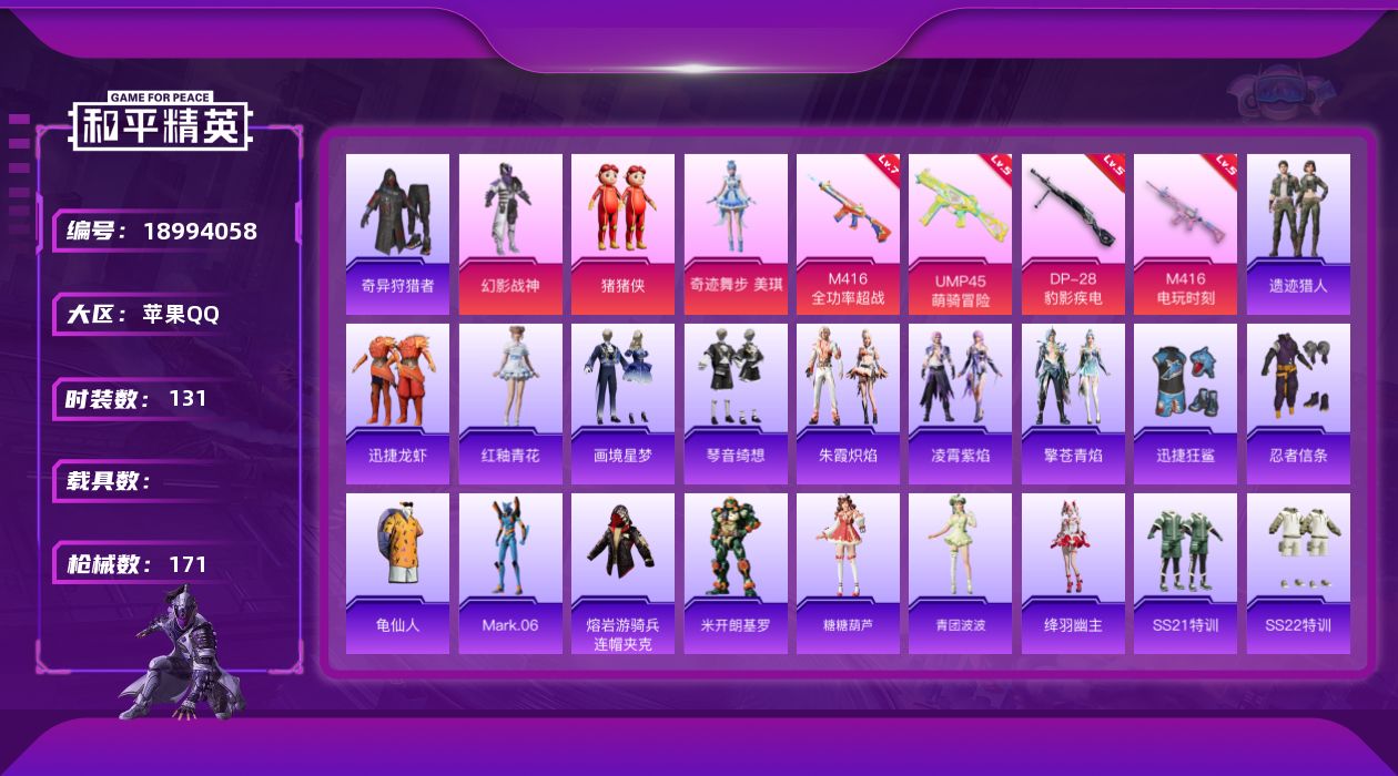 和平精英账号苹果QQ[18994058]苹果 手Q-3粉装-4特效枪-0载具-1粉色飞行器-45138热力值-12王牌印记-131套装-171枪皮
【热门品类】：套装-奇异狩猎者，套装-忍者信条，套装-龟仙人，角色-Ma