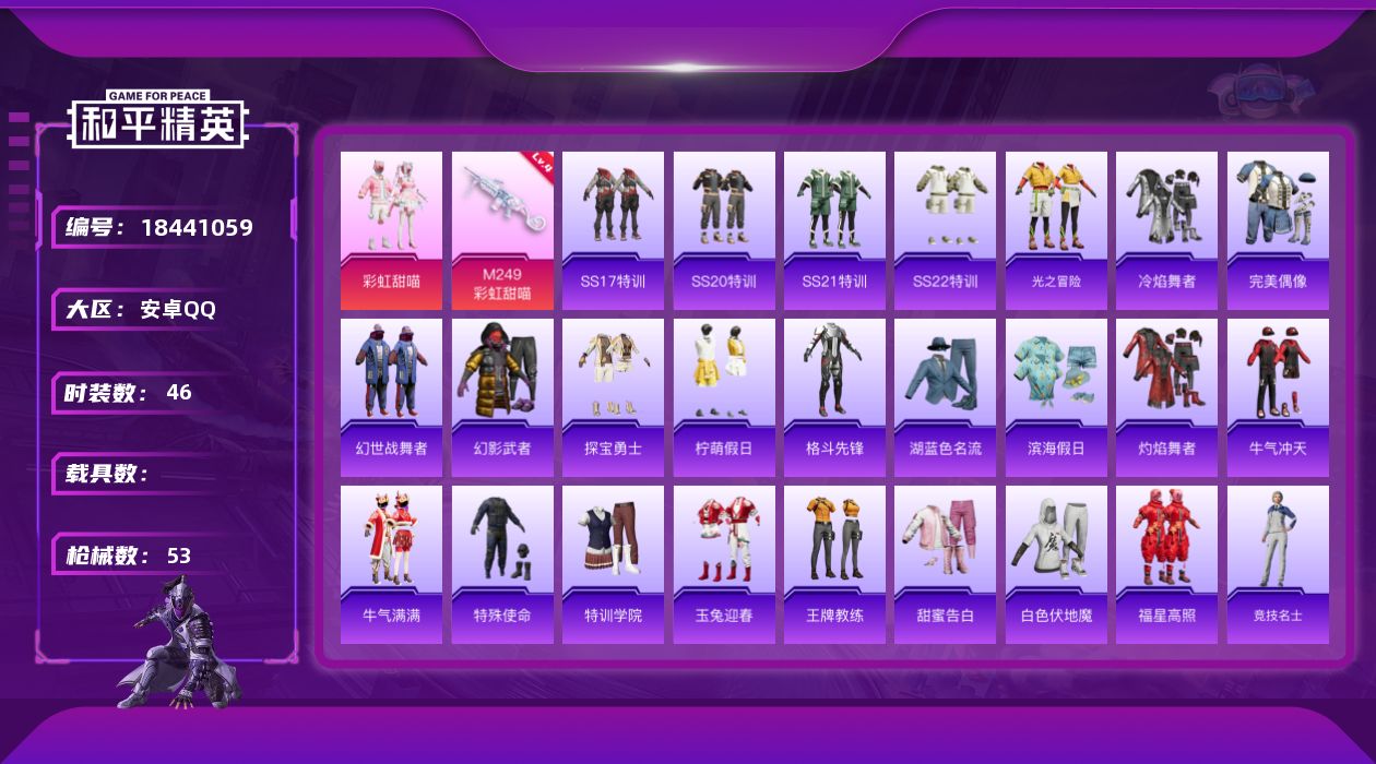 和平精英账号安卓QQ[18441059]【特价出售/店主推荐】安卓 手Q-1粉装-1特效枪-14312热力值-1王牌印记-46套装-53枪皮【粉色套装】：粉装-彩虹甜喵【粉色枪皮等级】：M249-彩虹甜喵(四级)