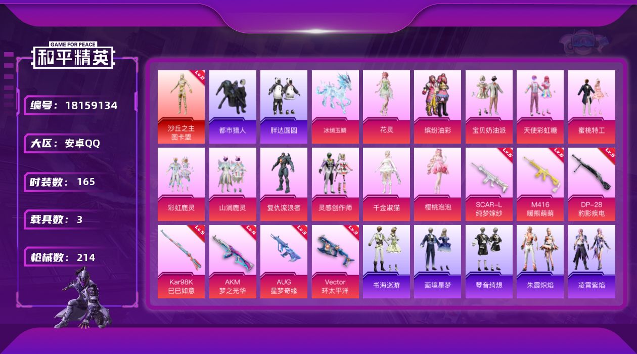 和平精英账号安卓QQ[18159134]安卓 手Q-1神装-13粉装-11特效枪-3载具-8粉色飞行器-73522热力值-11王牌印记-165套装-214枪皮
【红色神装等级】：沙丘之主-图卡盟(二级)
【红色角色神装】