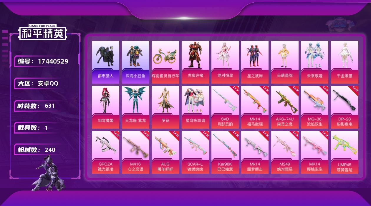 和平精英账号安卓QQ10粉装 14特效枪 1载具 12印记 可二次 可修改实名 
【热门装扮】天龙座 紫龙,千金淑猫,绝