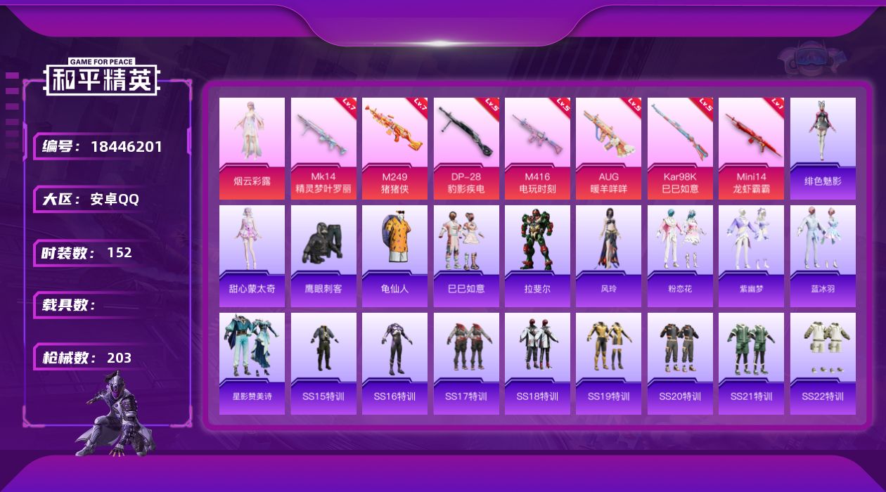 和平精英账号安卓QQ[18446201]安卓 手Q-2粉装-10特效枪-0载具-3粉色飞行器-58072热力值-12王牌印记-152套装-203枪皮
【热门品类】：套装-龟仙人
【粉色套装】：角色-烟云彩露，角色-辉云木