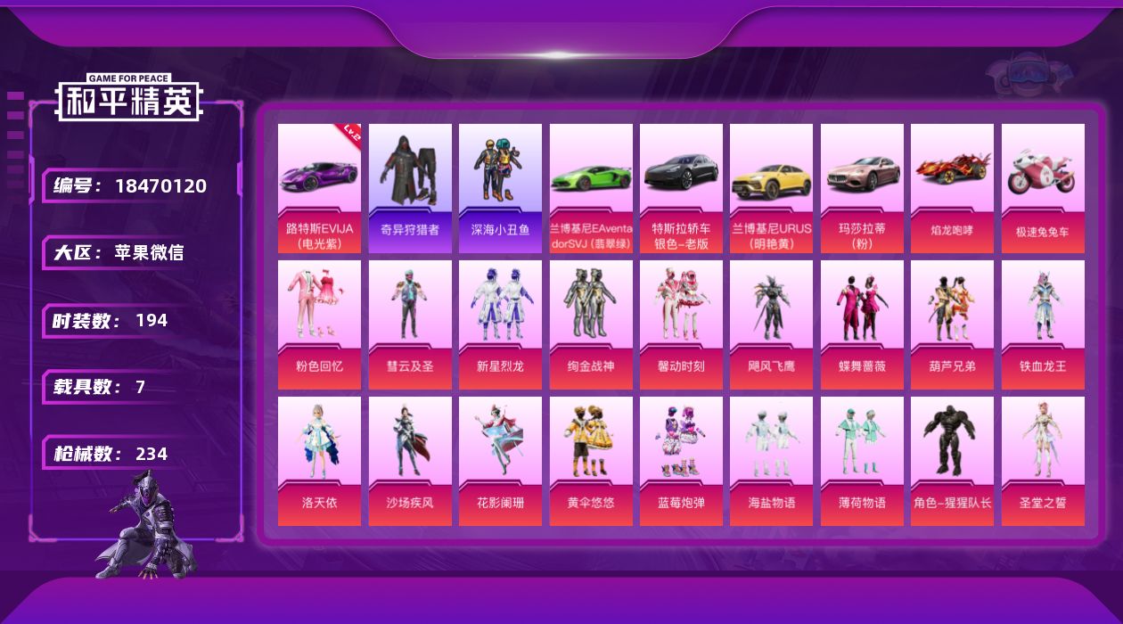 和平精英账号苹果微信[18470120]DAS8869可二次 苹果V-3稀有7载具18粉装10特效枪34热门194套装234枪皮 93984热力值 12印记 历史超级王牌12星 奇异狩猎者 AKM-百万伏特 浪漫天命 路