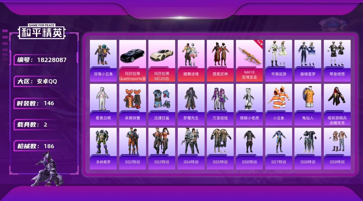 和平精英账号安卓QQ[18228087]安卓 手Q-2粉装-4特效枪-2载具-1粉色飞行器-59094热力值-5王牌印记-146套装-186枪皮
【热门品类】：套装-深海小丑鱼，套装-小丑鱼，套装-龟仙人，熔岩游骑兵连帽