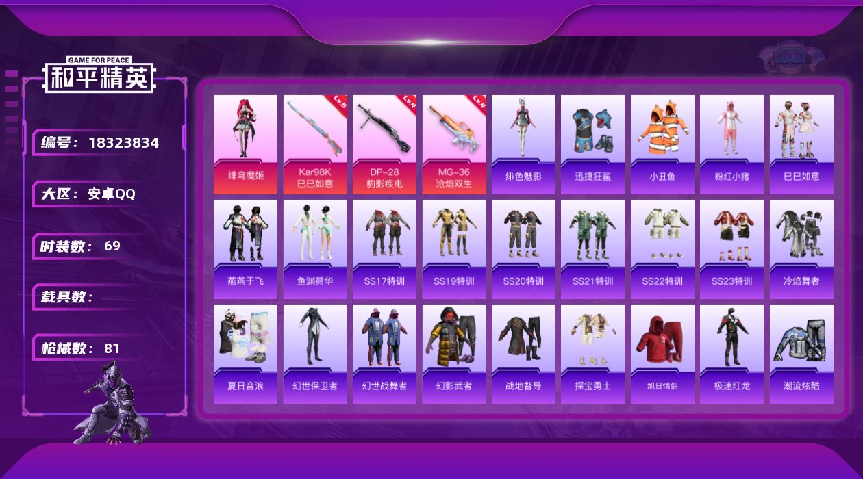 和平精英账号安卓QQ[18323834]安卓 手Q-1粉装-5特效枪-0载具-0粉色飞行器-22413热力值-1王牌印记-69套装-81枪皮【热门品类】：套装-小丑鱼，套装-粉红小猪【粉色套装】：角色-绯穹魔姬【粉色枪皮