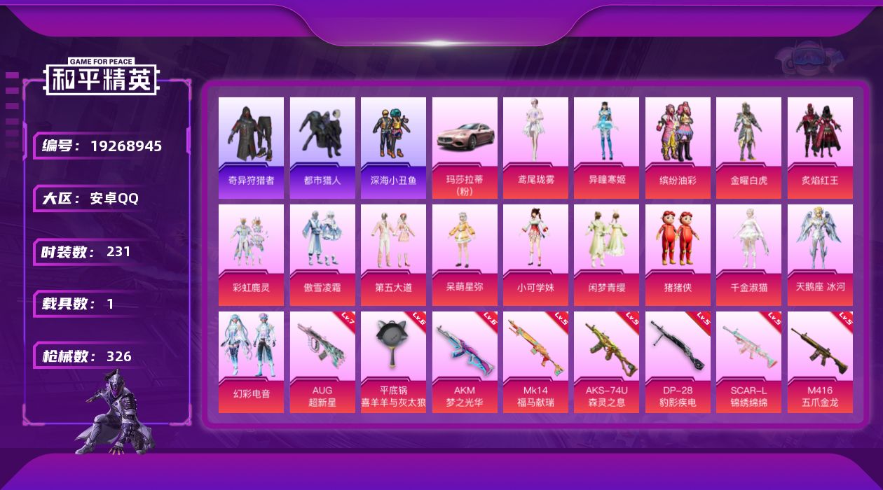 和平精英账号安卓QQ[19268945]231套装/枪械15/装备422/载具1/战备198/王牌印记19/热力值98837/六级AKM-梦之光华/四级AKM-白勺歌姬/五级SCAR-L-锦绣绵绵/五级M416-五爪金龙