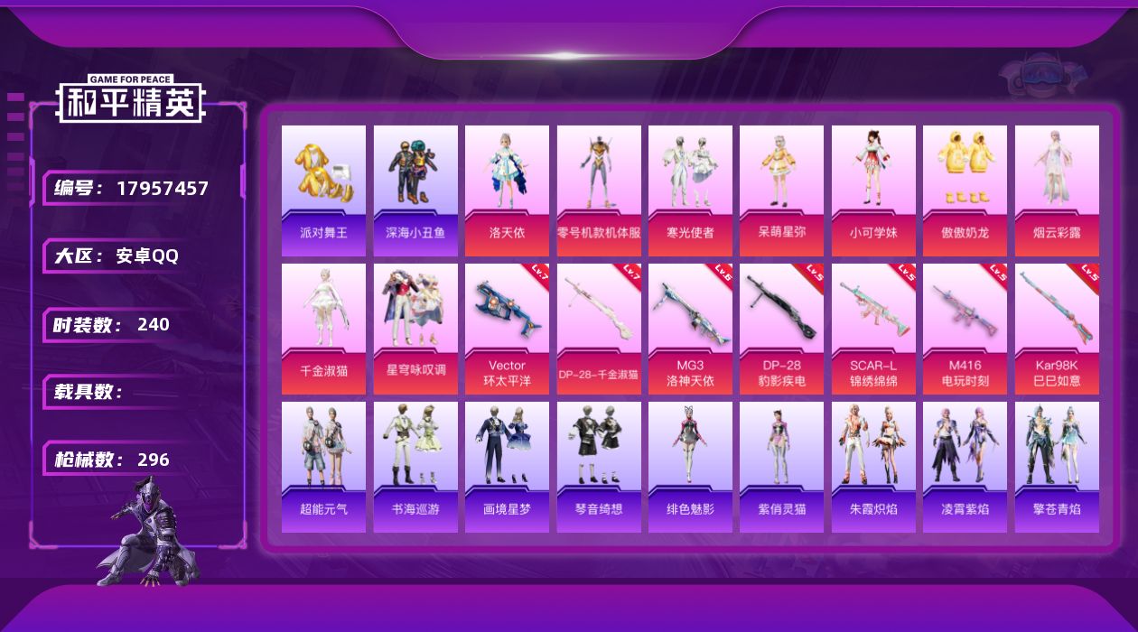 和平精英账号安卓QQ[17957457]安卓 手Q-9粉装-8特效枪-0载具-4粉色飞行器-94791热力值-16王牌印记-240套装-296枪皮
【热门品类】：套装-浪漫天命，套装-派对舞王，套装-深海小丑鱼，套装-小