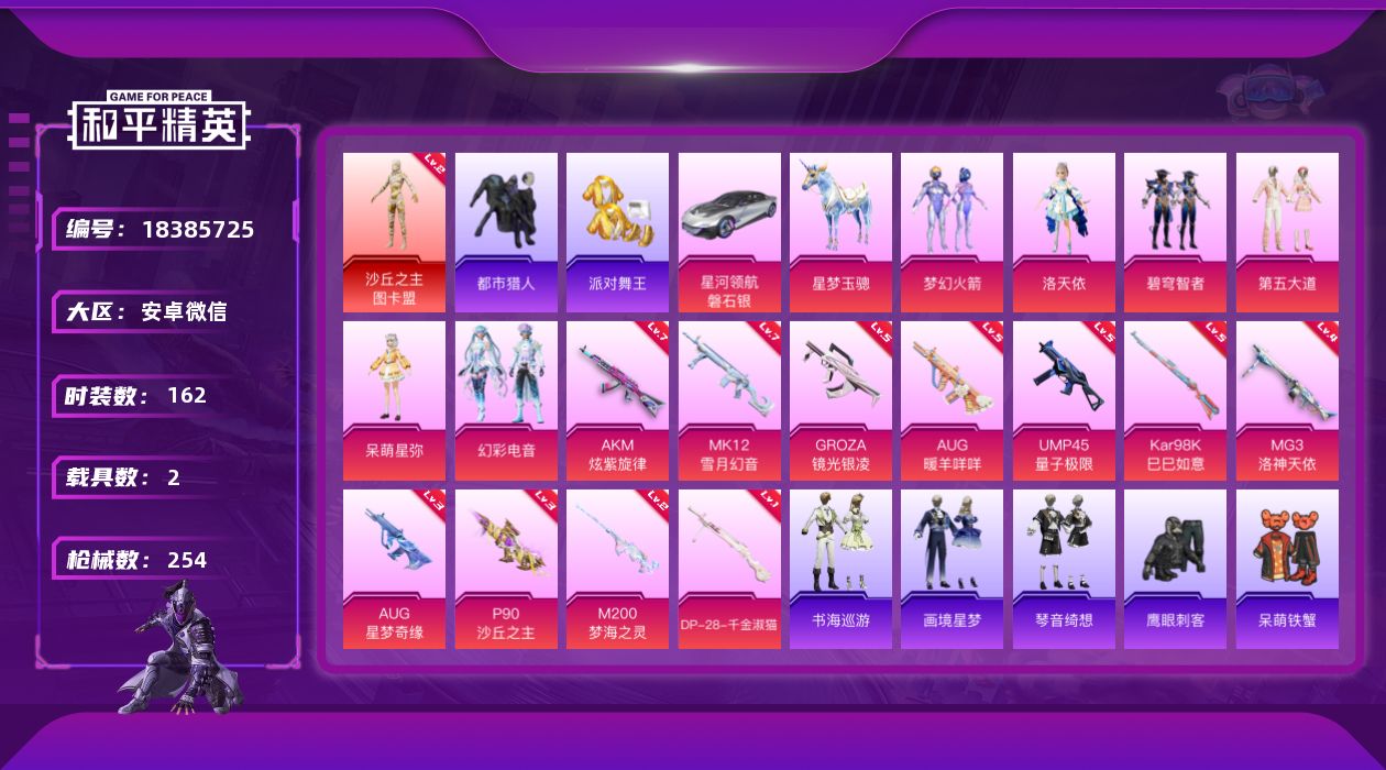 和平精英账号安卓微信[18385725]【店主推荐捡漏号！可直接换绑】安卓 微信-2神装-7粉装-15特效枪-2载具-10粉色飞行器-85421热力值-12王牌印记-162套装-254枪皮【红色神装等级】：暮色玫影-艾丽