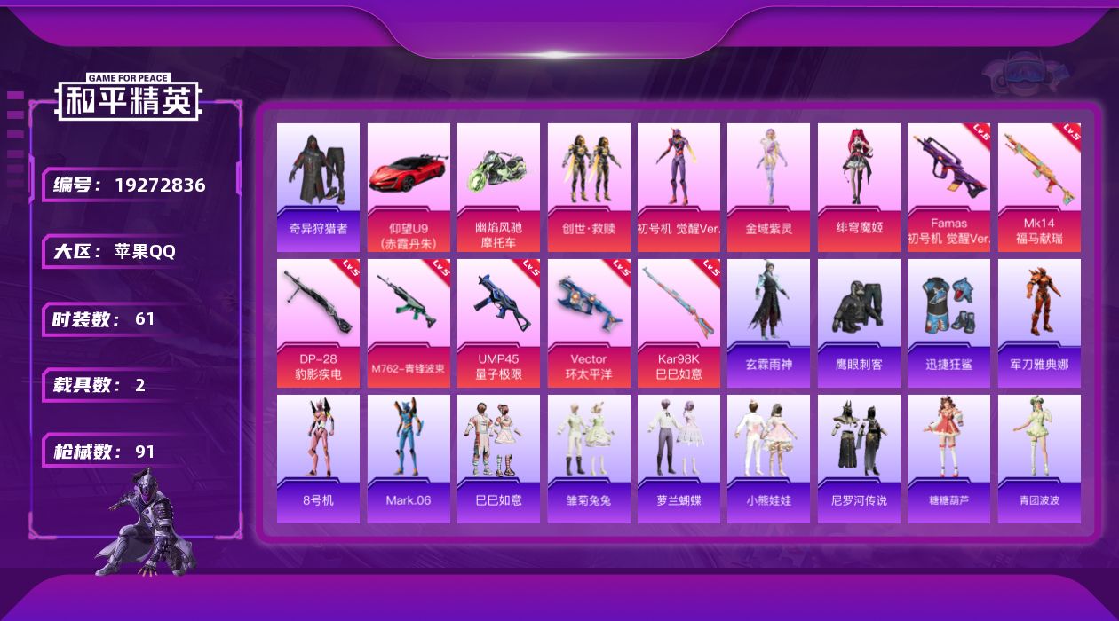 和平精英账号苹果QQ[19272836]苹果 手Q-4粉装-7特效枪-2载具-1粉色飞行器-29247热力值-3王牌印记-61套装-91枪皮
【热门品类】：套装-奇异狩猎者，角色-军刀雅典娜，角色-8号机，角色-Mark