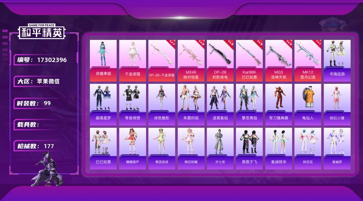 和平精英账号苹果微信[17302396]【特价出售/店主推荐】苹果 微信-2粉装-7特效枪-0载具-1粉色飞行器-50607热力值-12王牌印记-99套装-177枪皮【热门品类】：角色-军刀雅典娜，套装-龟仙人，套装-粉
