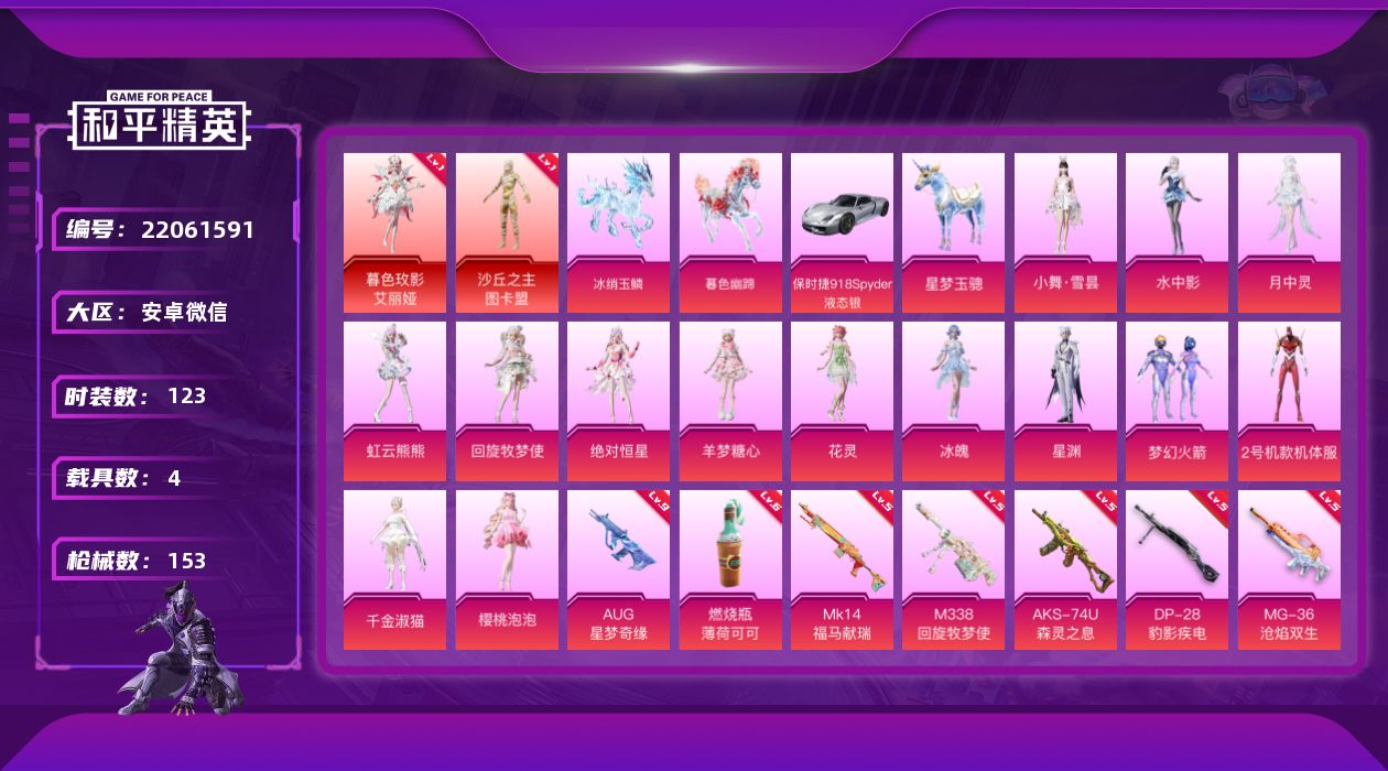 和平精英账号安卓微信[22061591]XY1692 安卓微信-2神装-14粉装-14特效枪-4载具-12粉色飞行器-62203热力值-6王牌印记-123套装-153枪皮
【红色神装等级】：暮色玫影-艾丽娅(一级)，沙丘