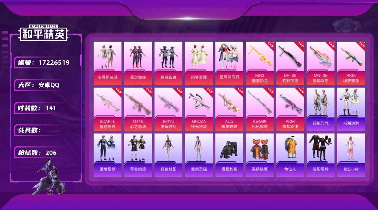 和平精英账号安卓QQ安卓 手Q-5粉装-12特效枪-0载具-3粉色飞行器-64977热力值-12王牌印记-141套装-206枪皮
【热门品类】：套装-龟仙人，套装-暗影哥特，套装-粉红小猪，角色-Ma