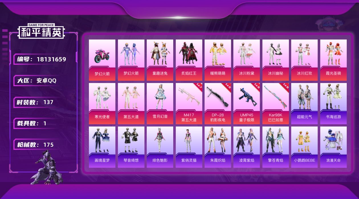 和平精英账号安卓QQ[18131659]安卓 手Q-11粉装-7特效枪-1载具-3粉色飞行器-55588热力值-8王牌印记-137套装-175枪皮
【热门品类】：粉装-梦幻火箭，粉装-童趣迷兔，套装-浪漫天命，套装-龟仙