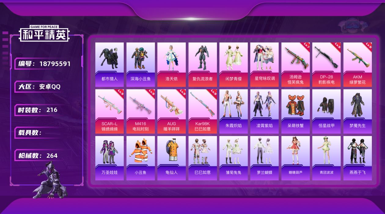 和平精英账号安卓QQ[18795591]安卓 手Q-5粉装-7特效枪-0载具-2粉色飞行器-80083热力值-14王牌印记-216套装-264枪皮
【热门品类】：套装-都市猎人，套装-深海小丑鱼，套装-小丑鱼，套装-龟仙