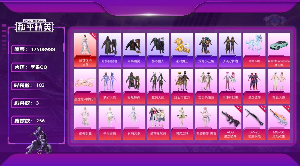 和平精英账号苹果QQ"DAS9757 包人脸  苹果Q-1红装7稀有3载具14粉装11特效枪20热门183套装256枪皮