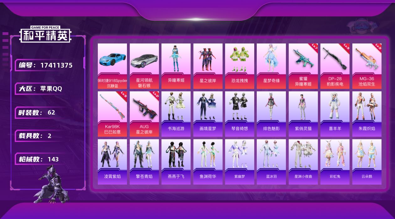 和平精英账号苹果QQ[17411375]【特价出售/店主推荐】苹果 手Q-4粉装-8特效枪-2载具-3粉色飞行器-37478热力值-6王牌印记-62套装-143枪皮
【粉色套装】：粉装-星之彼岸，粉装-恐龙拽拽，角色-星