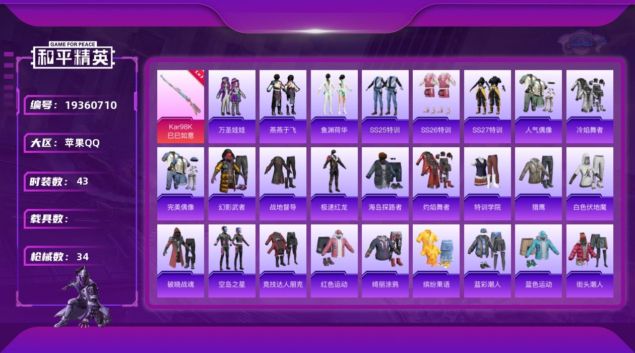 和平精英账号苹果QQ[19360710]苹果 手Q-0粉装-1特效枪-0载具-0粉色飞行器-9531热力值-2王牌印记-43套装-34枪皮
【粉色枪皮等级】：Kar98K-巳巳如意(一级)
【粉色枪皮】：Kar98K-巳