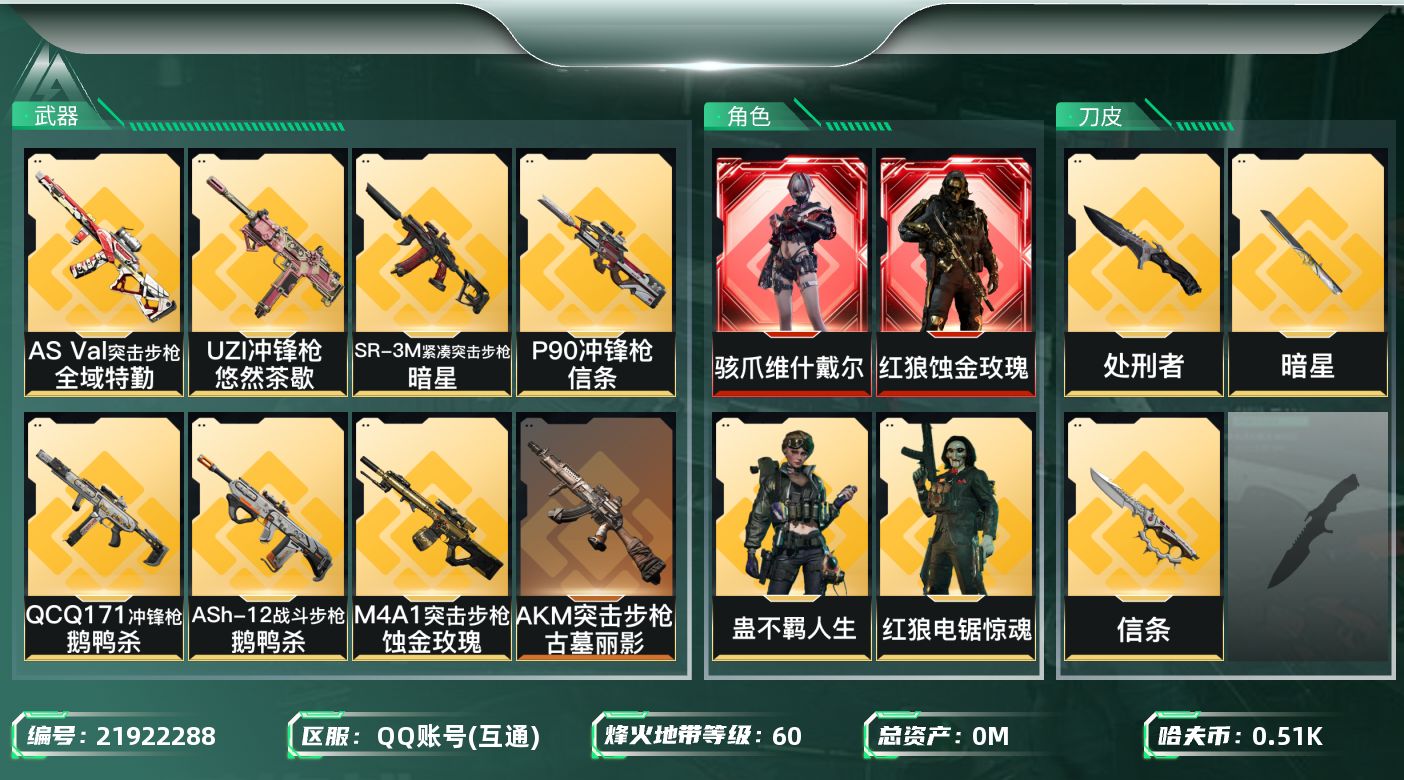 三角洲行动账号QQ总资产:58.3M 5干员外观 3近战传说 25传说枪械 哈夫币:516.455K 不可二次 不可修