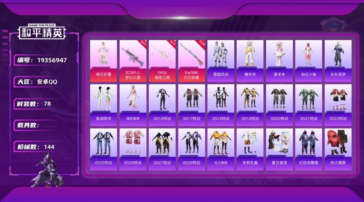 和平精英账号安卓QQ[19356947]78套装/枪械3/装备135/战备82/王牌印记3/热力值38932/七级SCAR-L-梦幻火箭/五级Kar98K-巳巳如意/七级PKM-江南烟雨/粉红小猪/烟云彩露/SCAR-L