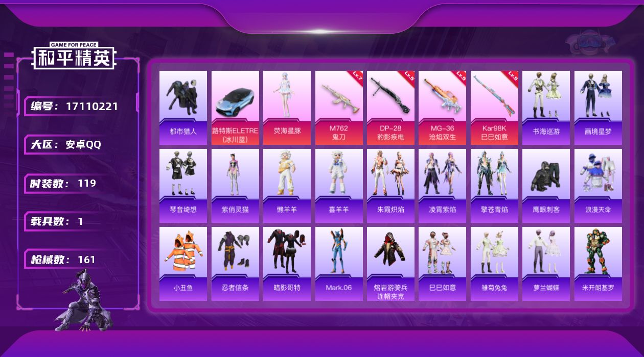 和平精英账号安卓QQ[17110221]【797】安卓 手Q-1粉装-6特效枪-1载具-2粉色飞行器-44340热力值-5王牌印记-119套装-161枪皮
【热门品类】：套装-浪漫天命，套装-都市猎人，套装-小丑鱼，套装