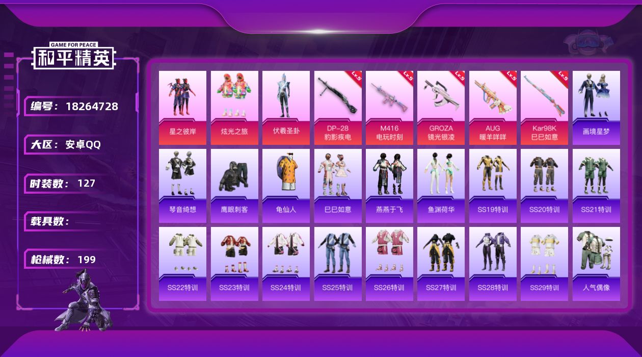 和平精英账号安卓QQ[18264728]安卓 手Q-3粉装-8特效枪-0载具-2粉色飞行器-51814热力值-18王牌印记-127套装-199枪皮
【热门品类】：套装-龟仙人
【粉色套装】：粉装-星之彼岸，粉装-炫光之旅