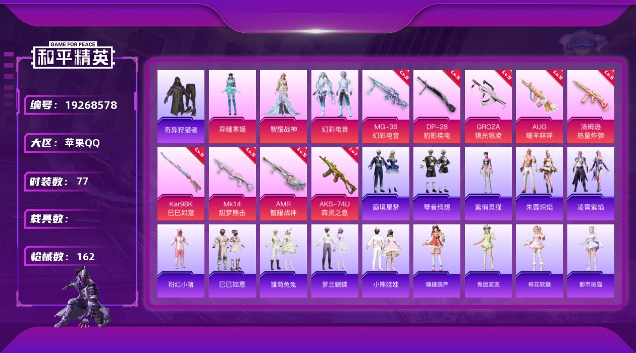 和平精英账号苹果QQ[19268578]苹果 手Q-3粉装-9特效枪-0载具-4粉色飞行器-44292热力值-5王牌印记-77套装-162枪皮
【热门品类】：套装-奇异狩猎者，套装-粉红小猪
【粉色套装】：角色-智耀战神