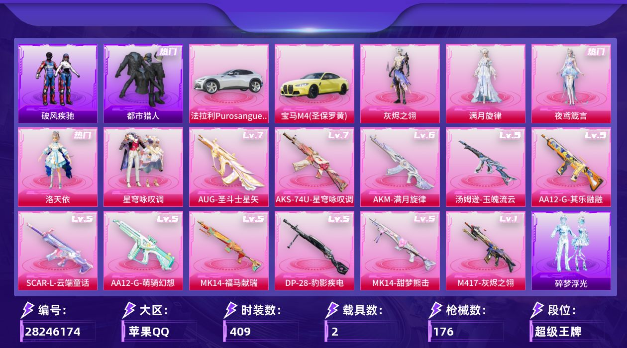 []6粉装 12特效枪 2.0载具 8印记 可二次 可修改实名 
【热门装扮】都市猎人,鹰眼刺客,迅捷狂鲨,呆萌铁蟹,洛天依,满月旋律,星穹咏叹调,灰烬之翎,雨过天青,皎白汐音,夜鸢箴言,黑色ROCK长袖T恤 
【载具】法拉利Purosangue(纽博格林银),宝马M4(圣保罗黄) 